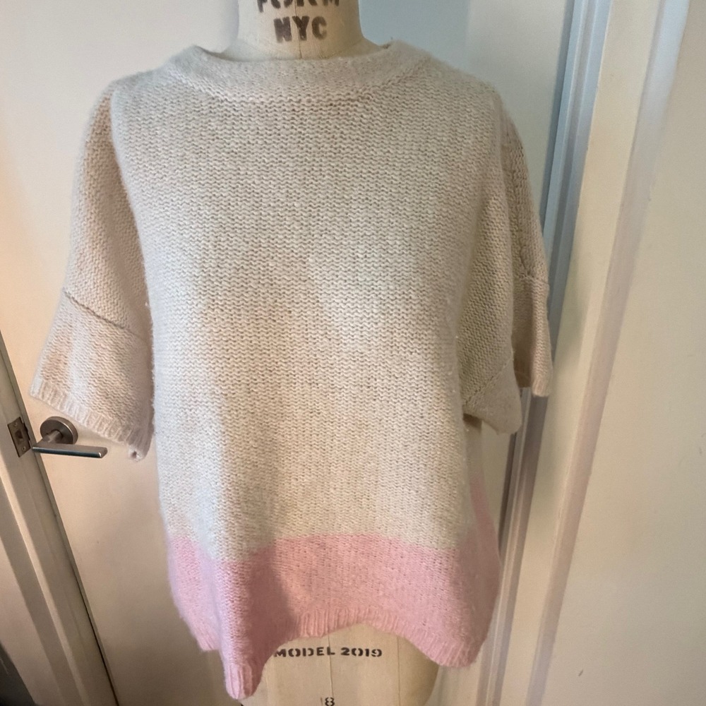 LILLA P. Wool Alpaca  Cream and Pink Colorblock Short Sleeve Sweater Size M/L